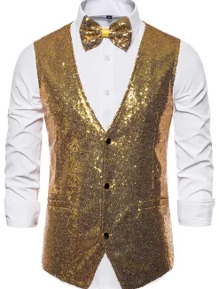 Men's Classic Vest Sequin Tailored Fit V Neck Single Breasted Three-buttons Silver Black Burgundy