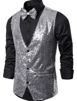 Men's Classic Vest Sequin Tailored Fit V Neck Single Breasted Three-buttons Silver Black Burgundy