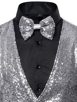 Men's Classic Vest Sequin Tailored Fit V Neck Single Breasted Three-buttons Silver Black Burgundy