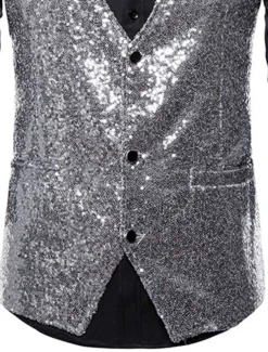 Men's Classic Vest Sequin Tailored Fit V Neck Single Breasted Three-buttons Silver Black Burgundy