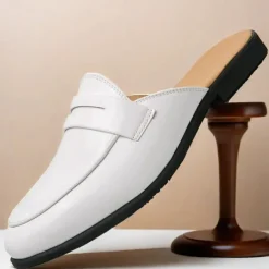Men's Classic White Faux Leather Mule Loafers - Sleek Slip-On Shoes for Business Casual and Formal Events