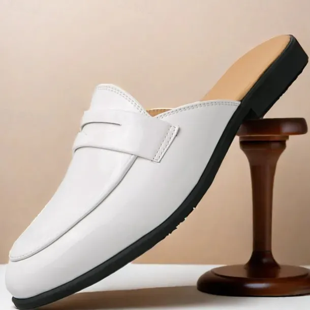 Men's Classic White Faux Leather Mule Loafers - Sleek Slip-On Shoes for Business Casual and Formal Events