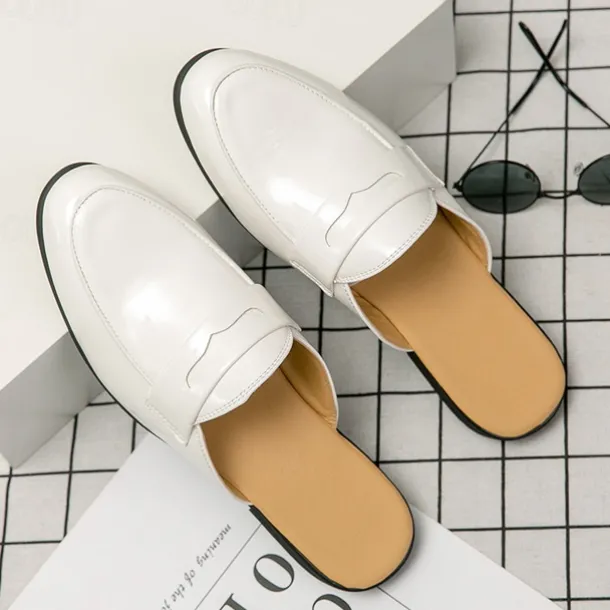 Men's Classic White Faux Leather Mule Loafers - Sleek Slip-On Shoes for Business Casual and Formal Events