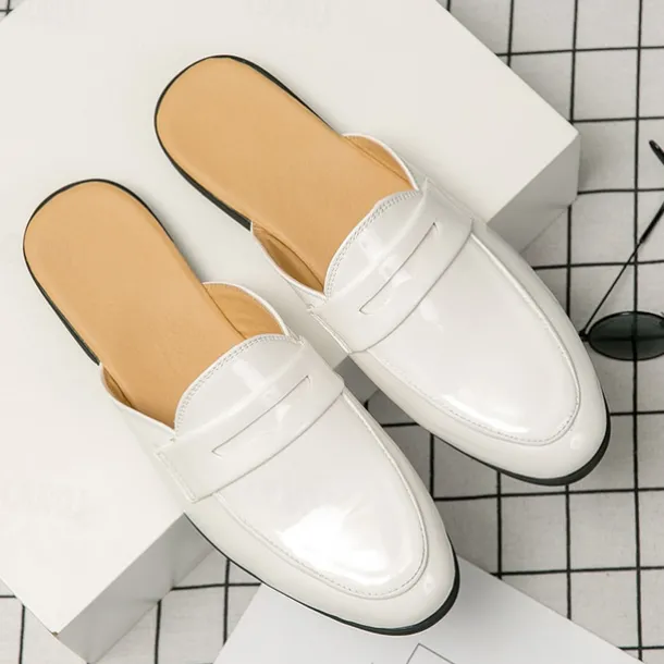 Men's Classic White Faux Leather Mule Loafers - Sleek Slip-On Shoes for Business Casual and Formal Events