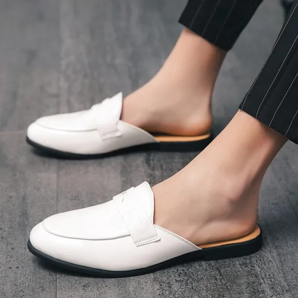 Men's Classic White Faux Leather Mule Loafers - Sleek Slip-On Shoes for Business Casual and Formal Events