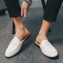 Men's Classic White Faux Leather Mule Loafers - Sleek Slip-On Shoes for Business Casual and Formal Events