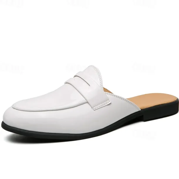 Men's Classic White Faux Leather Mule Loafers - Sleek Slip-On Shoes for Business Casual and Formal Events