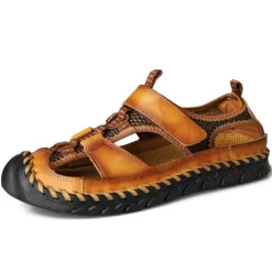 Men's Closed-Toe Leather Sandals with Hand-Stitched Details, Breathable Mesh Design – Ideal for Outdoor and Casual Wear