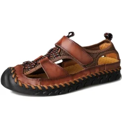 Men's Closed-Toe Leather Sandals with Hand-Stitched Details, Breathable Mesh Design – Ideal for Outdoor and Casual Wear