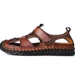 Men's Closed-Toe Leather Sandals with Hand-Stitched Details, Breathable Mesh Design – Ideal for Outdoor and Casual Wear