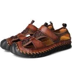 Men's Closed-Toe Leather Sandals with Hand-Stitched Details, Breathable Mesh Design – Ideal for Outdoor and Casual Wear