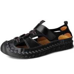 Men's Closed-Toe Leather Sandals with Hand-Stitched Details, Breathable Mesh Design – Ideal for Outdoor and Casual Wear