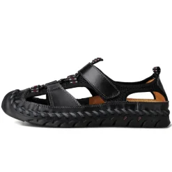 Men's Closed-Toe Leather Sandals with Hand-Stitched Details, Breathable Mesh Design – Ideal for Outdoor and Casual Wear