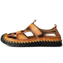 Men's Closed-Toe Leather Sandals with Hand-Stitched Details, Breathable Mesh Design – Ideal for Outdoor and Casual Wear