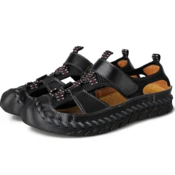 Men's Closed-Toe Leather Sandals with Hand-Stitched Details, Breathable Mesh Design – Ideal for Outdoor and Casual Wear