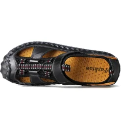 Men's Closed-Toe Leather Sandals with Hand-Stitched Details, Breathable Mesh Design – Ideal for Outdoor and Casual Wear