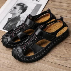 Men's Closed-Toe Leather Sandals with Hand-Stitched Details, Breathable Mesh Design – Ideal for Outdoor and Casual Wear