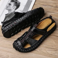 Men's Closed-Toe Leather Sandals with Hand-Stitched Details, Breathable Mesh Design – Ideal for Outdoor and Casual Wear