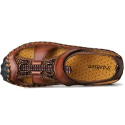 Men's Closed-Toe Leather Sandals with Hand-Stitched Details, Breathable Mesh Design – Ideal for Outdoor and Casual Wear