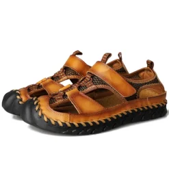 Men's Closed-Toe Leather Sandals with Hand-Stitched Details, Breathable Mesh Design – Ideal for Outdoor and Casual Wear
