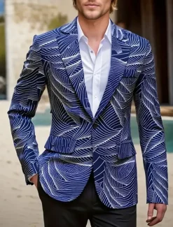 Men's Coat Blazer Business Casual Daily British All Seasons 100% Polyester Graphic 3D Print Buttons Comfortable Single Breasted Blazer Black White Blue