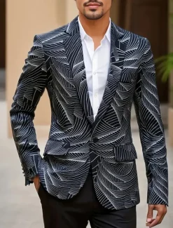 Men's Coat Blazer Business Casual Daily British All Seasons 100% Polyester Graphic 3D Print Buttons Comfortable Single Breasted Blazer Black White Blue