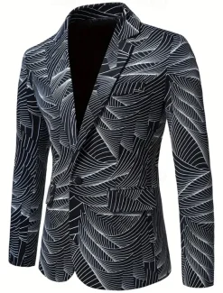 Men's Coat Blazer Business Casual Daily British All Seasons 100% Polyester Graphic 3D Print Buttons Comfortable Single Breasted Blazer Black White Blue