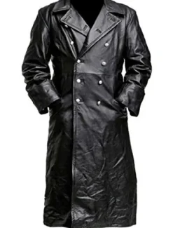 Men's Coat Faux Trench Leather Duster Coat german classic officer military uniform black trench coat