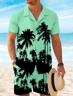Men's Coconut Palm 2pcs Shirts Sets Shirt Short Sleeve Short Pants Cuban Collar Vacation Hawaiian Party Casual Daily 3D Print Summer Robin's Egg Blue White Yellow