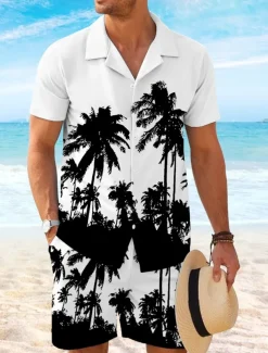 Men's Coconut Palm 2pcs Shirts Sets Shirt Short Sleeve Short Pants Cuban Collar Vacation Hawaiian Party Casual Daily 3D Print Summer Robin's Egg Blue White Yellow