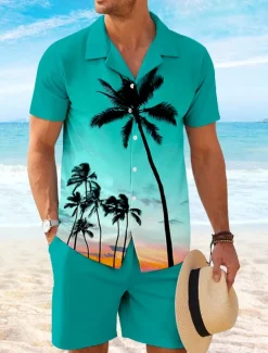 Men's Coconut Palm 2pcs Shirts Sets Shirt Short Sleeve Short Pants Cuban Collar Vacation Hawaiian Party Casual Daily 3D Print Summer Robin's Egg Blue Green