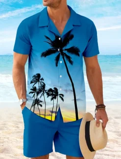 Men's Coconut Palm 2pcs Shirts Sets Shirt Short Sleeve Short Pants Cuban Collar Vacation Hawaiian Party Casual Daily 3D Print Summer Robin's Egg Blue Green