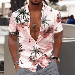 Men's Coconut Tree Aloha Tropical Plants Shirt Summer Hawaiian Shirt Short Sleeve Shirt Turndown Fashion Hawaiian Designer Outdoor Street Casual Light Pink White Navy Blue Print S M L