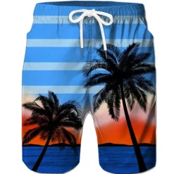 Men's Coconut Tree Board Shorts Swim Shorts Swim Trunks Mid Waist Hawaiian Boho Casual Daily Holiday Drawstring with Mesh lining Elastic Waist Designer Clothing Apparel
