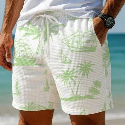 Men's Coconut Tree Sailboat Tropical Plants Waffle Shorts Sweat Shorts Casual Shorts Mid Waist Hawaiian Vacation Jogging Workout Elastic Drawstring Waist Shorts with Pockets Designer Clothing Apparel