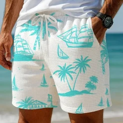 Men's Coconut Tree Sailboat Tropical Plants Waffle Shorts Sweat Shorts Casual Shorts Mid Waist Hawaiian Vacation Jogging Workout Elastic Drawstring Waist Shorts with Pockets Designer Clothing Apparel