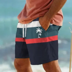 Men's Coconut Tree Stripe Swim Shorts Board Shorts Swimming Trunks Mid Waist Hawaiian Casual Holiday Beach Drawstring with Mesh lining Elastic Waist Designer Clothing Apparel