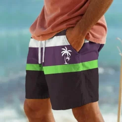 Men's Coconut Tree Stripe Swim Shorts Board Shorts Swimming Trunks Mid Waist Hawaiian Casual Holiday Beach Drawstring with Mesh lining Elastic Waist Designer Clothing Apparel