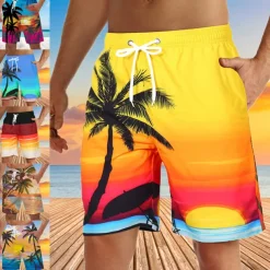 Men's Coconut Tree Sunset Board Shorts Swim Shorts Swim Trunks Mid Waist Hawaiian Boho Holiday Beach Drawstring with Mesh lining Elastic Waist Designer Clothing Apparel