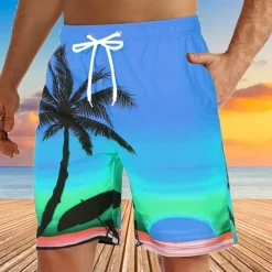 Men's Coconut Tree Sunset Board Shorts Swim Shorts Swim Trunks Mid Waist Hawaiian Boho Holiday Beach Drawstring with Mesh lining Elastic Waist Designer Clothing Apparel