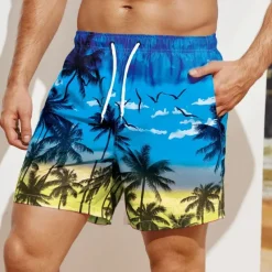 Men's Coconut Tree Sunset Board Shorts Swim Shorts Swim Trunks Mid Waist Hawaiian Boho Holiday Beach Drawstring with Mesh lining Elastic Waist Designer Clothing Apparel
