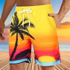 Men's Coconut Tree Sunset Board Shorts Swim Shorts Swim Trunks Mid Waist Hawaiian Boho Holiday Beach Drawstring with Mesh lining Elastic Waist Designer Clothing Apparel