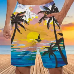 Men's Coconut Tree Sunset Board Shorts Swim Shorts Swim Trunks Mid Waist Hawaiian Boho Holiday Beach Drawstring with Mesh lining Elastic Waist Designer Clothing Apparel