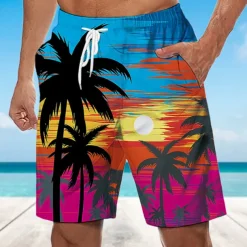 Men's Coconut Tree Sunset Board Shorts Swim Shorts Swim Trunks Mid Waist Hawaiian Boho Holiday Beach Drawstring with Mesh lining Elastic Waist Designer Clothing Apparel