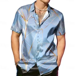 Men's Coconut Tree Tropical Plants Satin Shirt Dress Shirt Button Up Shirt Short Sleeve Fashion Casual Vacation Party Evening Wear Daily Summer Spring Turndown Collared Shirts Button Up 3D Print Pink