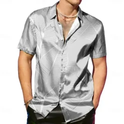 Men's Coconut Tree Tropical Plants Satin Shirt Dress Shirt Button Up Shirt Short Sleeve Fashion Casual Vacation Party Evening Wear Daily Summer Spring Turndown Collared Shirts Button Up 3D Print Pink