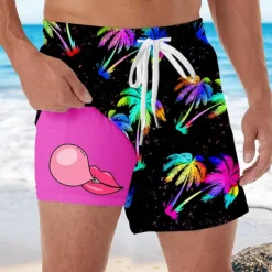 Men's Coconut Tree Tropical Plants Bubble Gum Lined Shorts 2 in 1 Board Shorts Swim Shorts Mid Waist Hawaiian Vacation Side Pockets With Compression Liner Elastic Drawstring Waist Designer Clothing