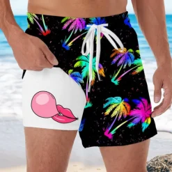 Men's Coconut Tree Tropical Plants Bubble Gum Lined Shorts 2 in 1 Board Shorts Swim Shorts Mid Waist Hawaiian Vacation Side Pockets With Compression Liner Elastic Drawstring Waist Designer Clothing