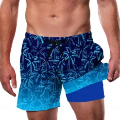 Men's Coconut Tree Tropical Plants Lined Shorts 2 in 1 Board Shorts Swim Shorts Mid Waist Hawaiian Vacation Beach Wear Side Pockets With Compression Liner Elastic Drawstring Waist Designer Clothing