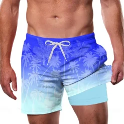 Men's Coconut Tree Tropical Plants Lined Shorts 2 in 1 Board Shorts Swim Shorts Mid Waist Hawaiian Vacation Beach Wear Side Pockets With Compression Liner Elastic Drawstring Waist Designer Clothing